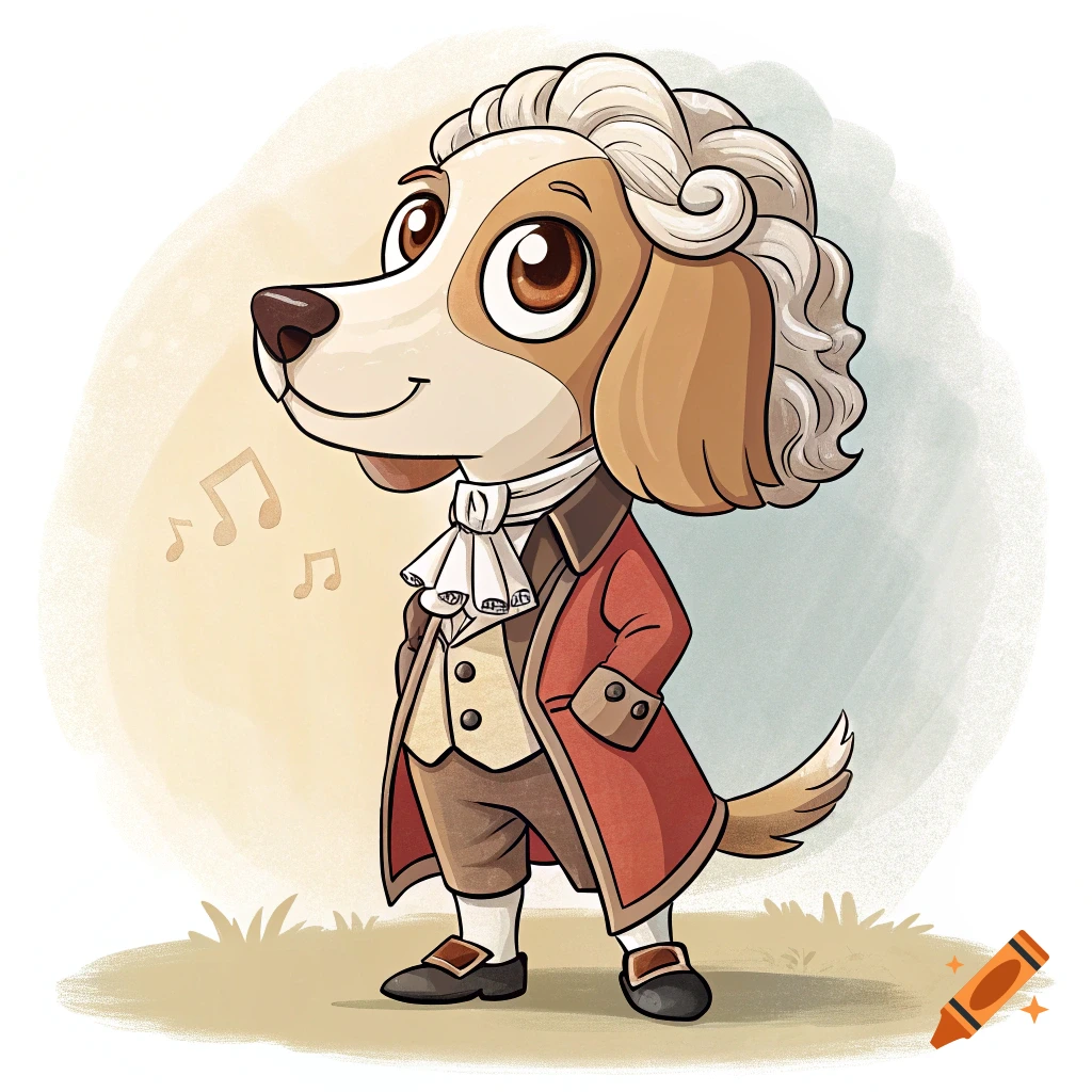 A cartoon dog dressed as Wolfgang Mozart.