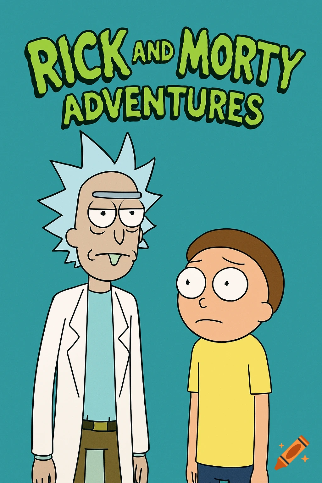 Illustration of Rick and Morty standing side-by-side, with the text "RICK and MORTY ADVENTURES" above them.