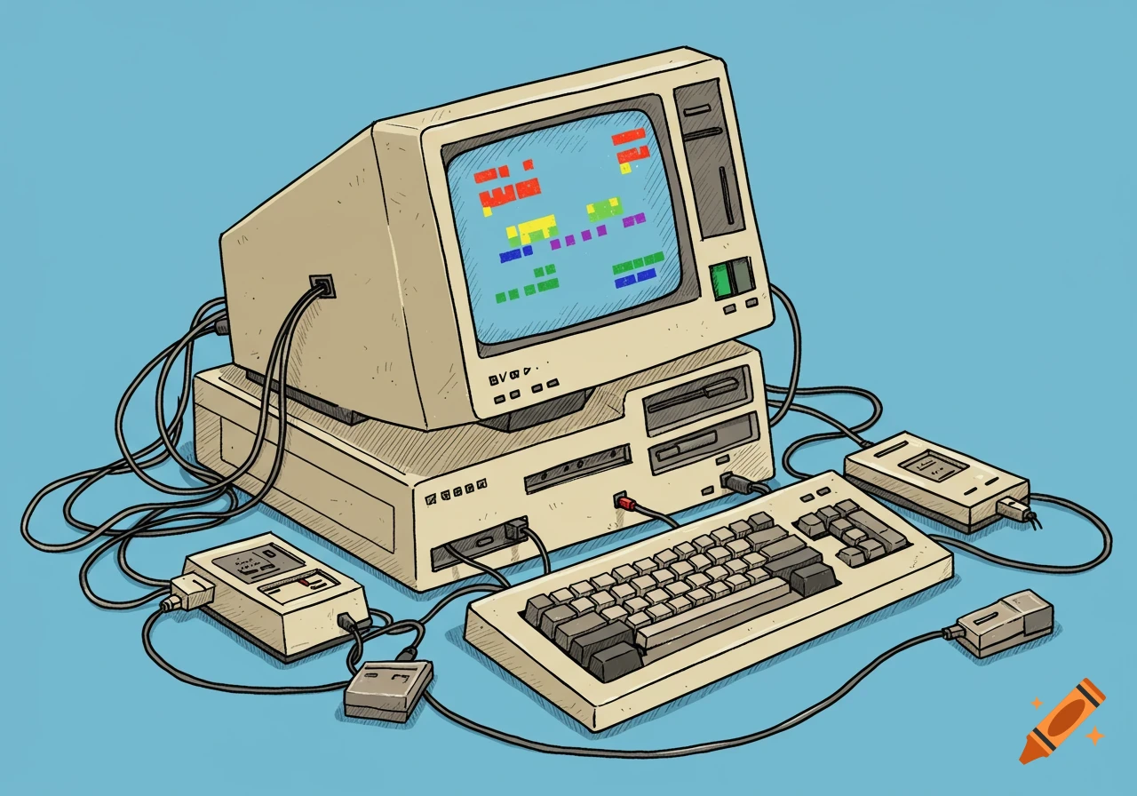 Hand-drawn illustration of a retro computer setup with tangled wires against a blue background.
