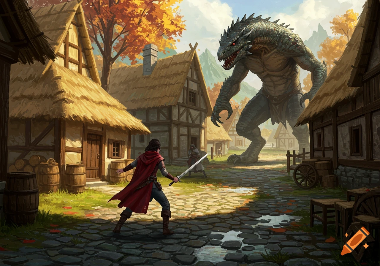 A figure battles a large reptilian monster in a medieval village street.