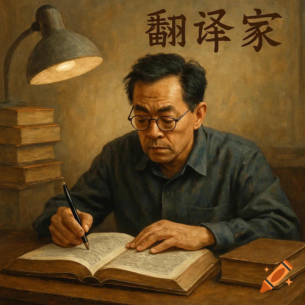 A man with glasses writes in a book under a lamp, stack of books nearby. Painterly style.