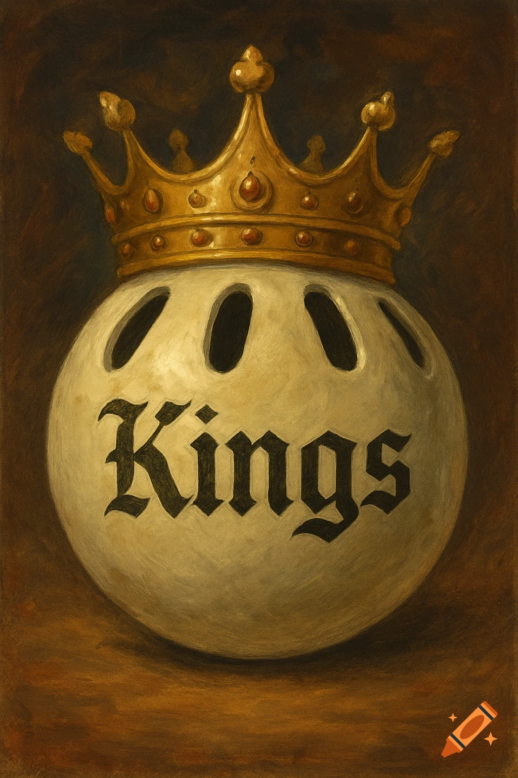 A painted wiffle ball wearing a gold crown with the word 'Kings' on its side.