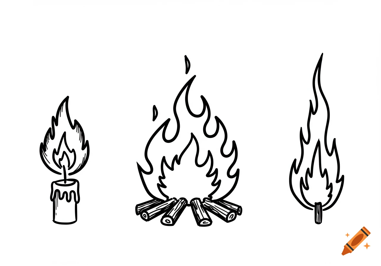 Line drawing of a candle flame, a bonfire, and a large flame.