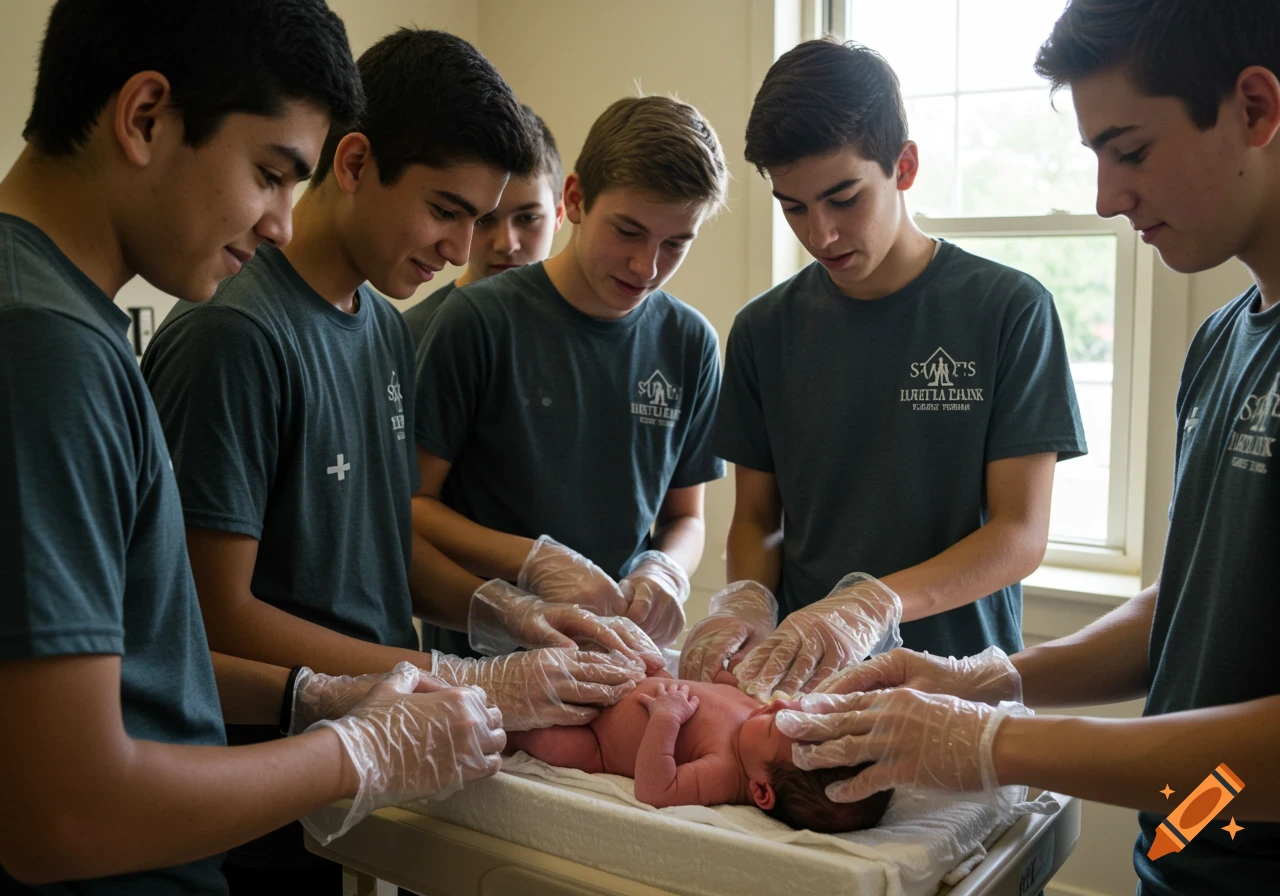 Teenagers wearing gloves gather around a newborn baby, seemingly caring for it.