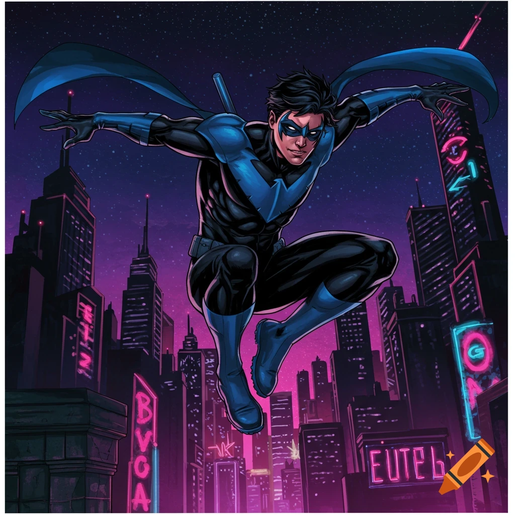 Nightwing leaps through a futuristic city skyline at night in a comic book art style.