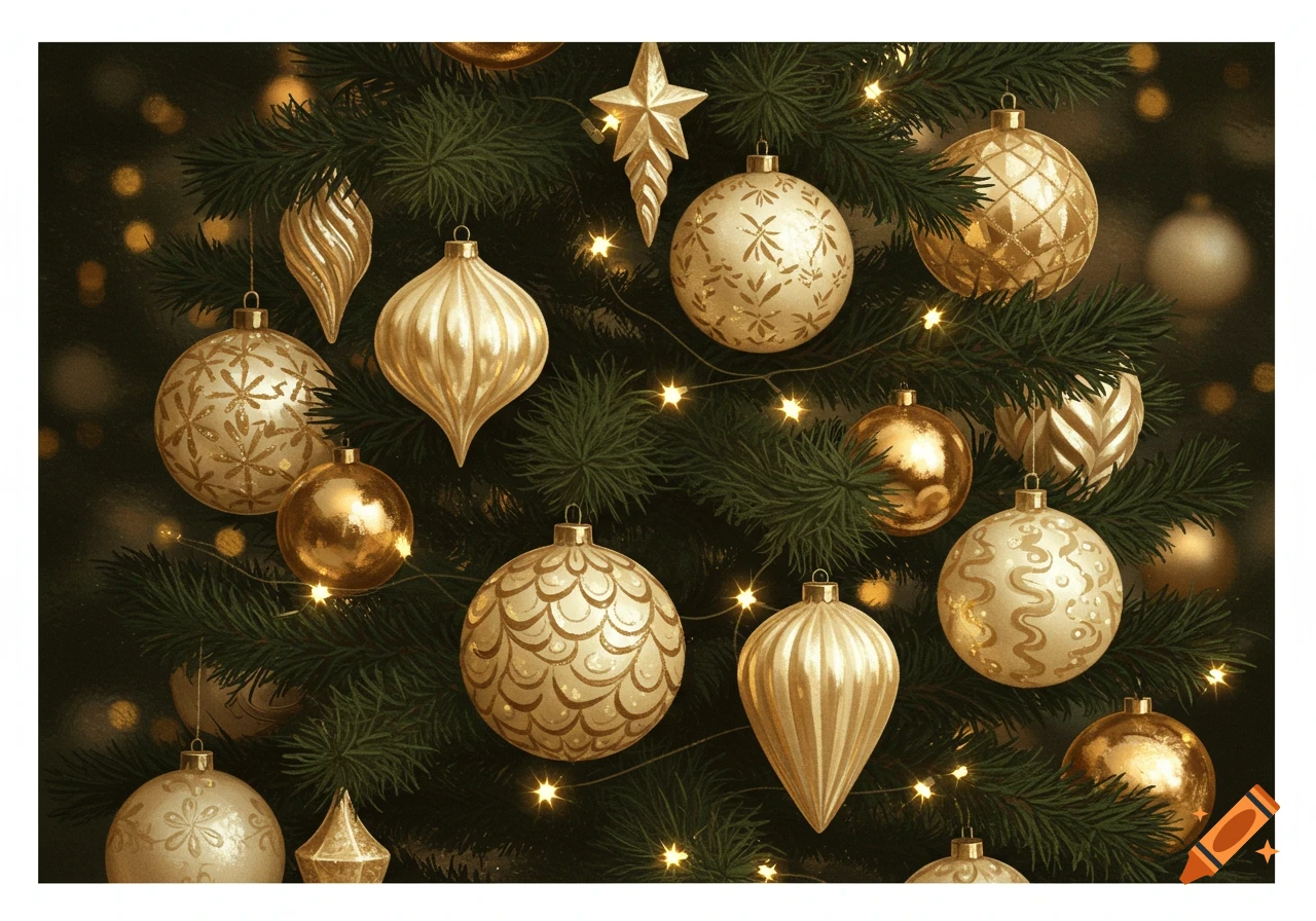 A close-up view of a Christmas tree decorated with gold and champagne baubles and lights.