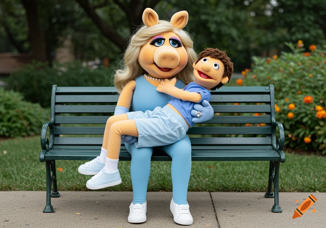Miss Piggy Muppet sits on a park bench holding a boy puppet on her lap.