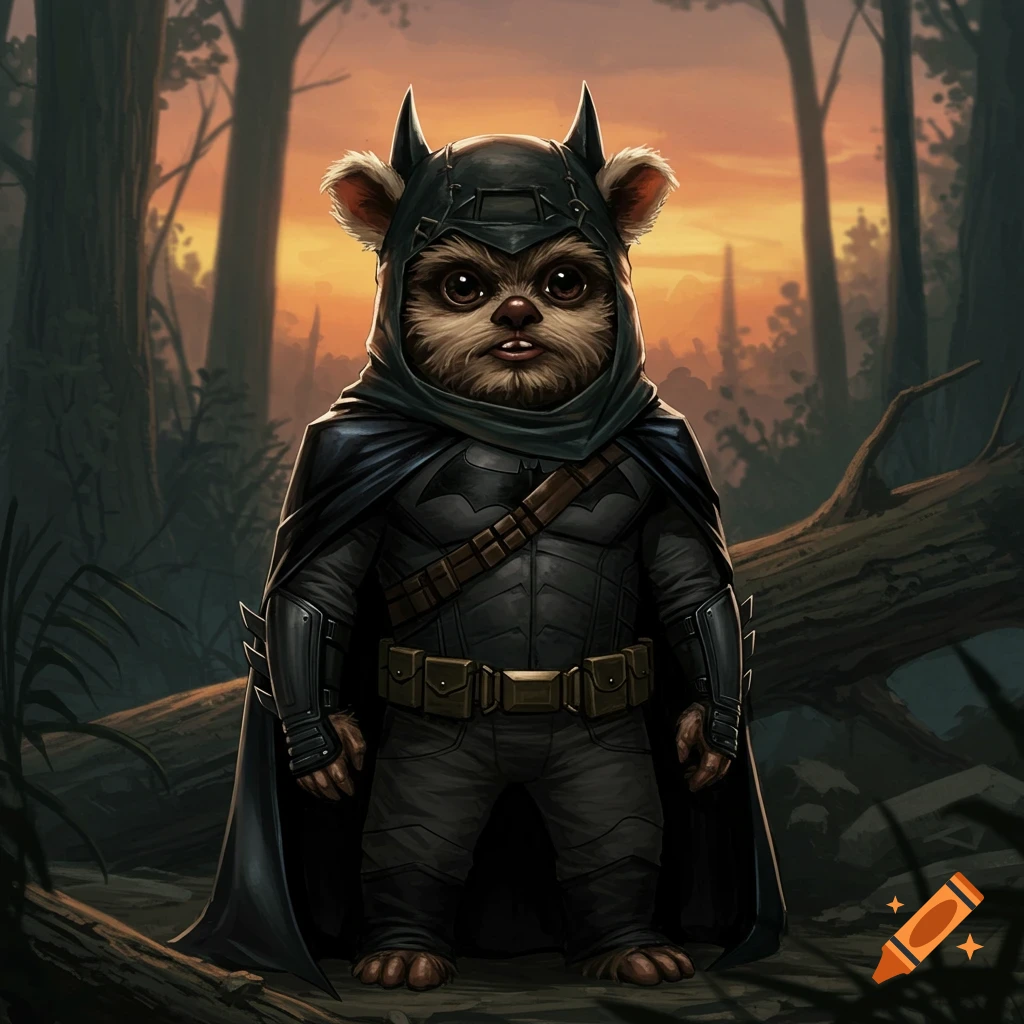 Ewok in a Batman suit stands in a forest at sunset.