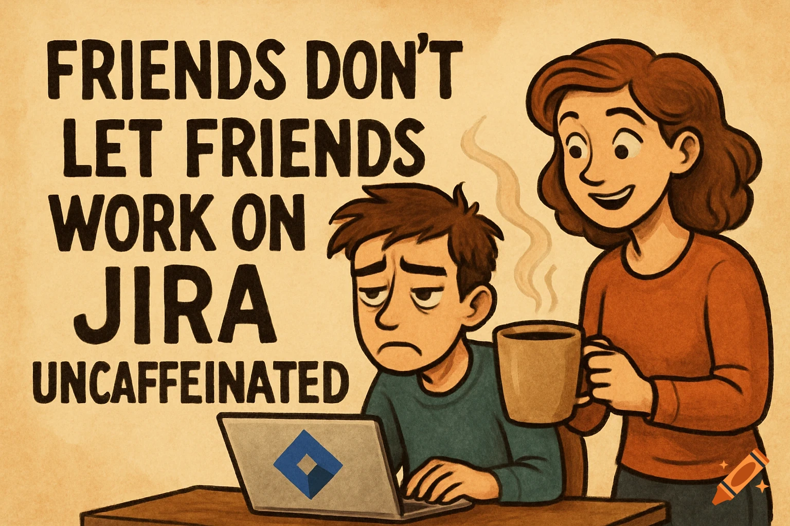 Cartoon of tired person on laptop offered coffee. Text: FRIENDS DON'T LET FRIENDS WORK ON JIRA UNCAFFEINATED.