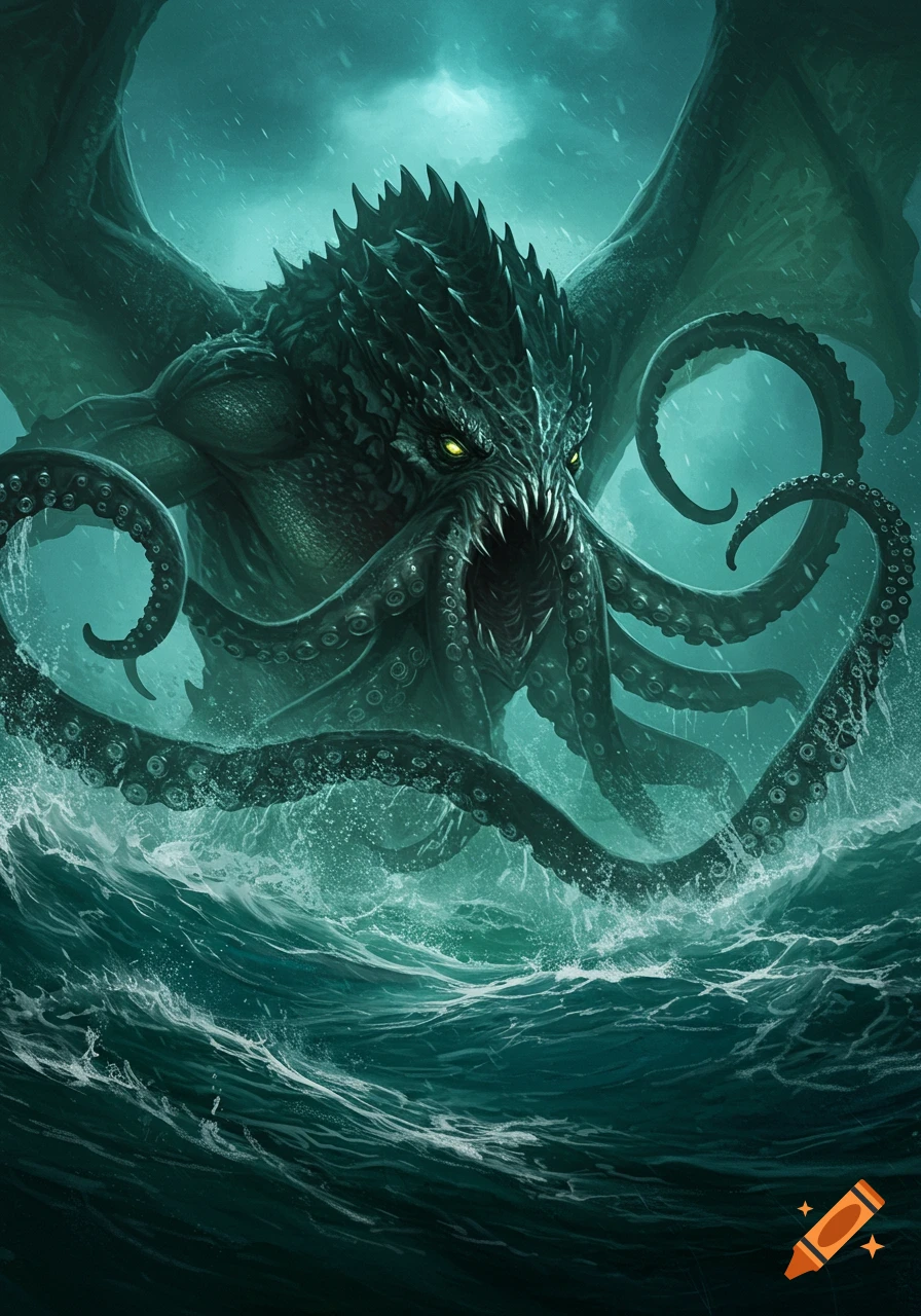 A dark fantasy sea monster with tentacles and large wings rises from stormy ocean waves.