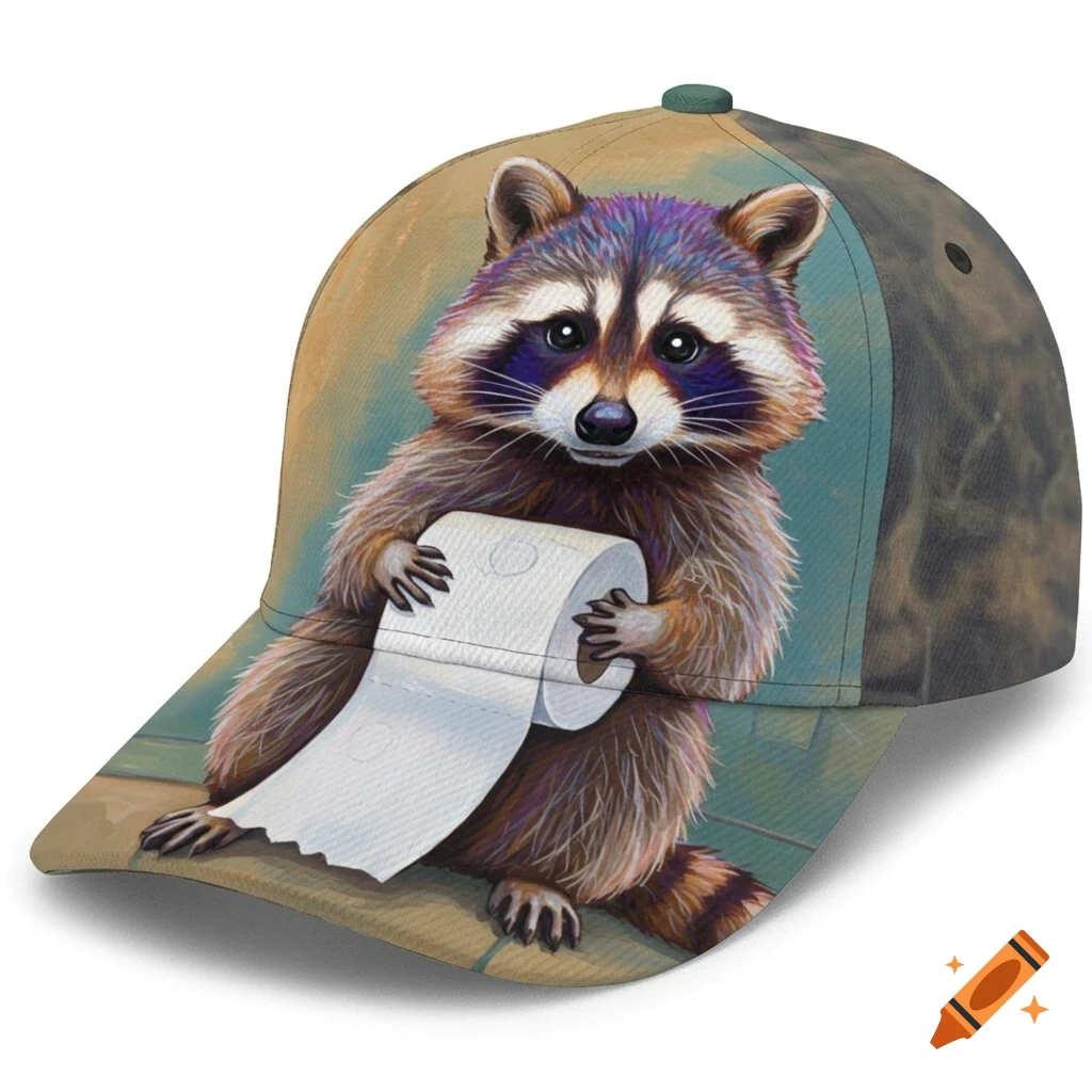 Cartoon raccoon holding a roll of toilet paper on a baseball cap
