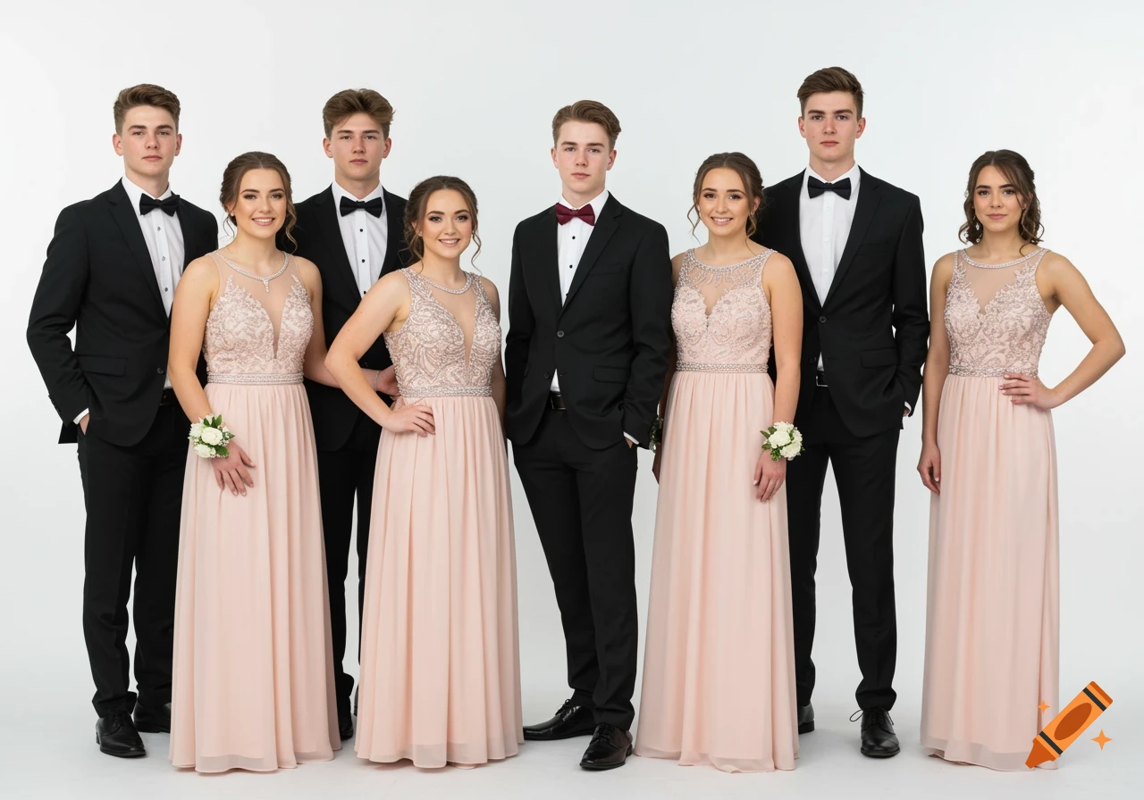 Group of teenagers in formal wear standing on a white background
