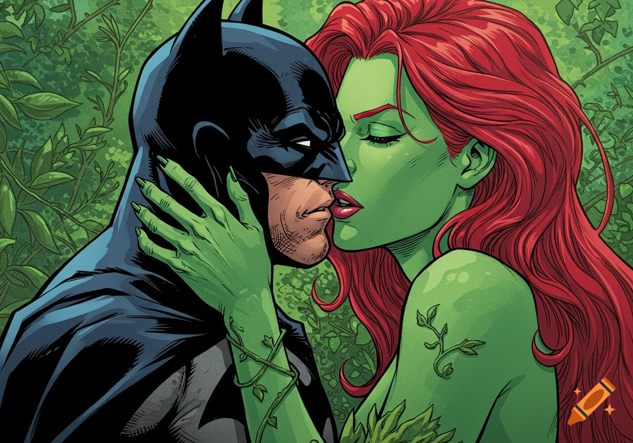 Batman and Poison Ivy kissing in a forest, comic book art style.