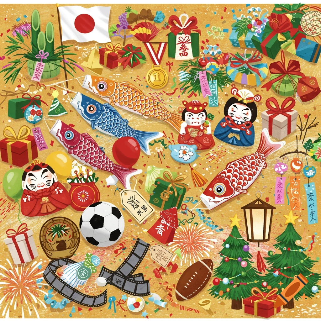 A busy collage of Japanese cultural items, gifts, decorations, and festive elements including koinobori, daruma dolls, presents, fireworks, and Christmas trees.