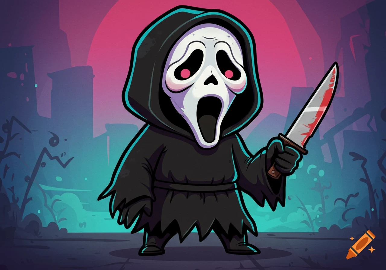 Cartoon Ghostface character holds a bloody knife in front of a cityscape.