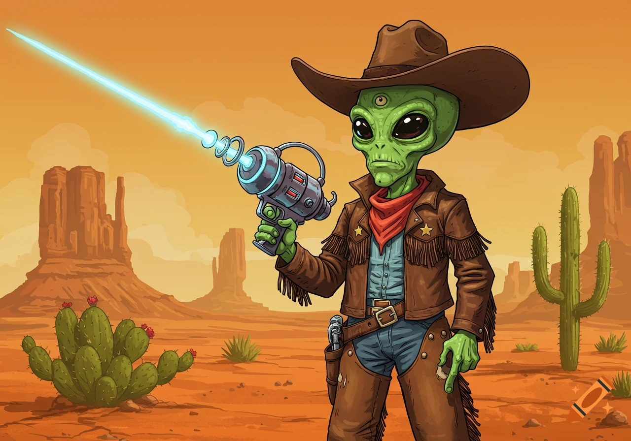 Cartoon alien cowboy shoots ray gun in desert landscape with mesas and cacti.