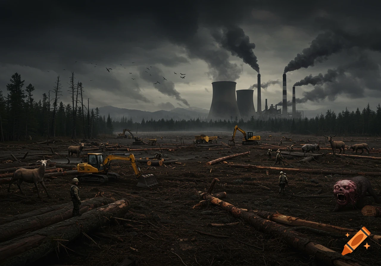 A dark, atmospheric image of industrial smokestacks billowing smoke over a landscape of cut trees and excavators, with humans, animals, and a disturbing creature present.