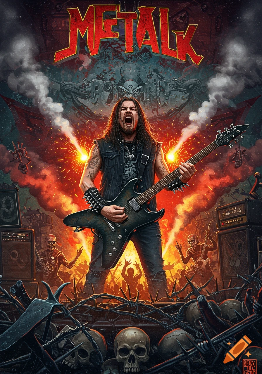 Heavy metal illustration of a guitarist with fire, skeletons, skulls, and the text METALK.