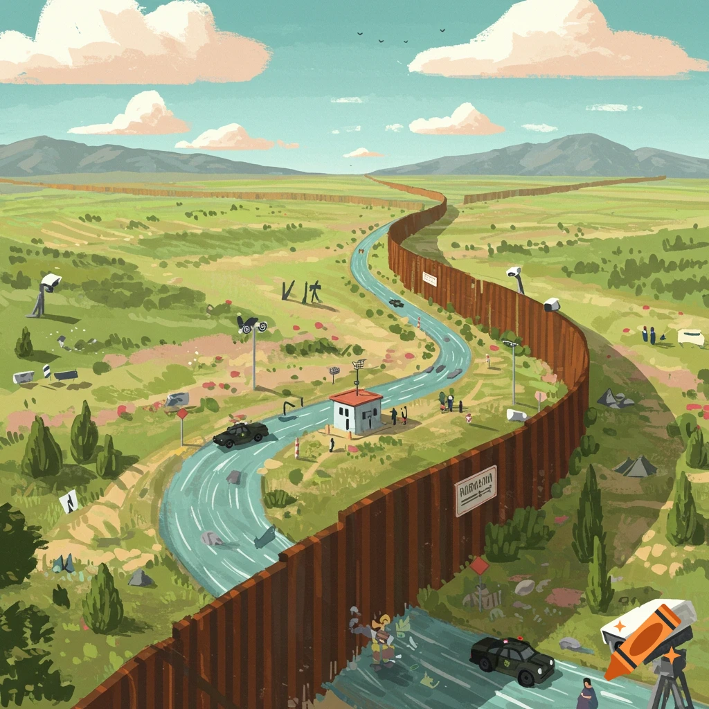 Stylized illustration of a border wall following a river through a landscape.