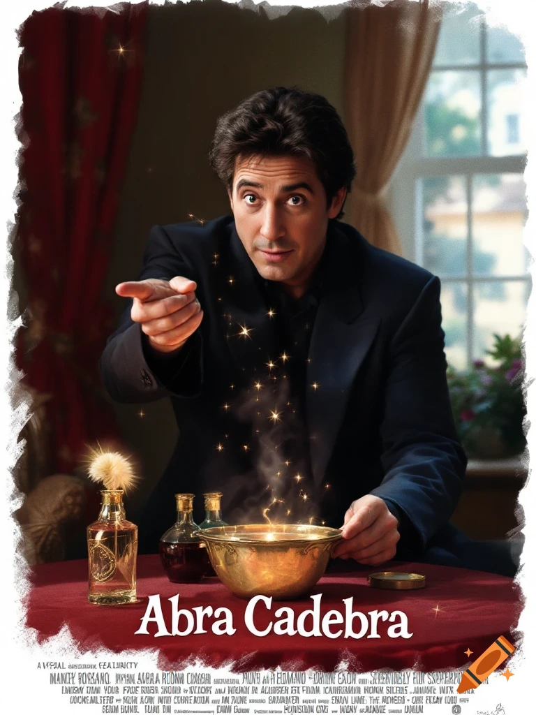 A man resembling Ray Romano performs magic with sparks from a bowl, text reads 'Abra Cadebra', in a movie poster style.
