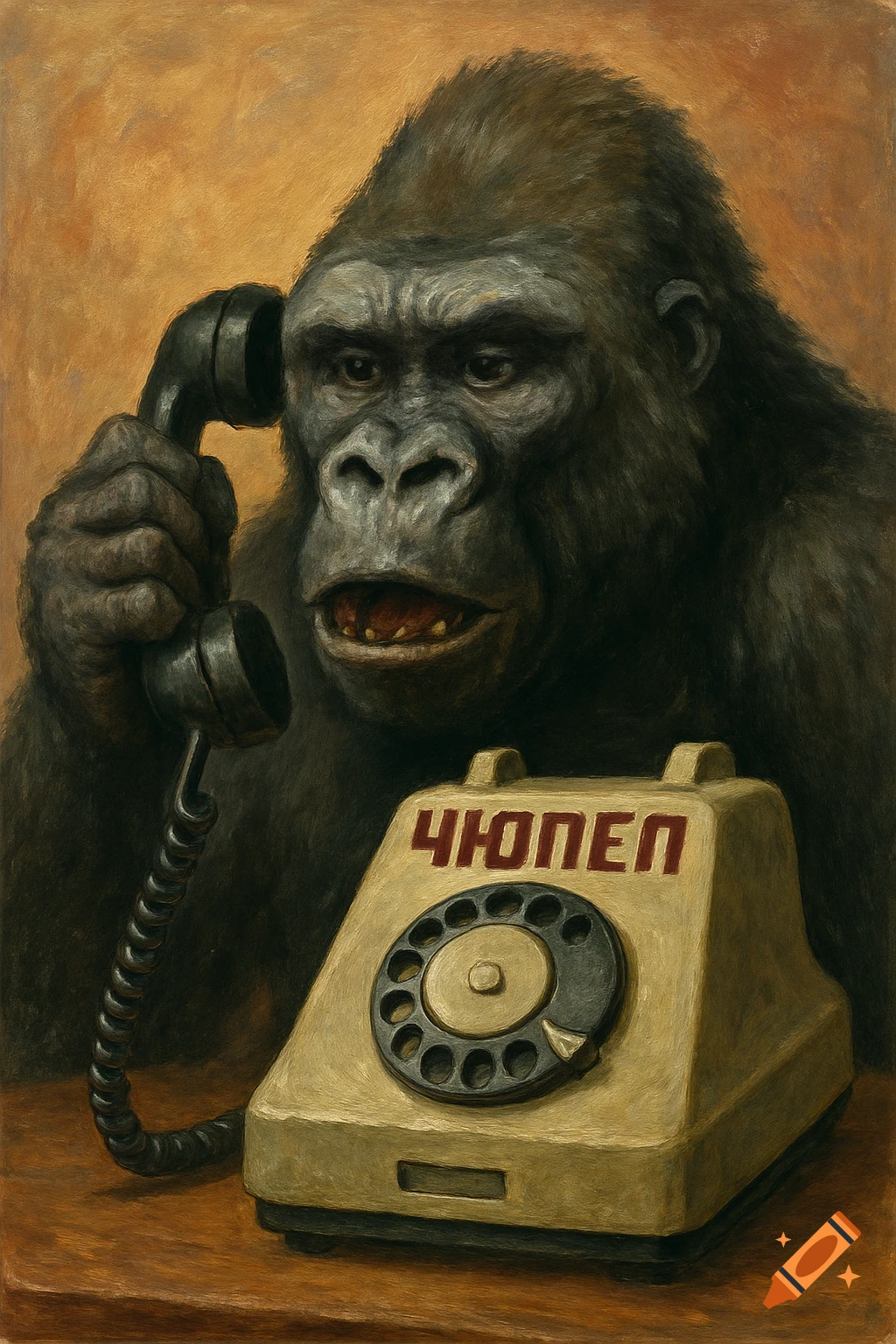 Painting of a gorilla talking on an old rotary telephone