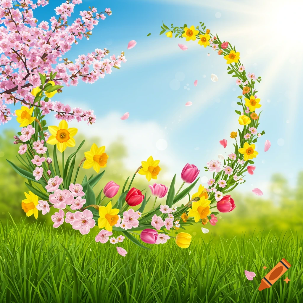 A crescent shape of spring flowers and a cherry blossom branch over grass and sky.