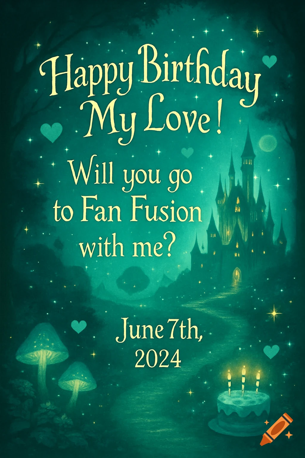 Fairytale birthday invitation with castle, glowing mushrooms, and text.