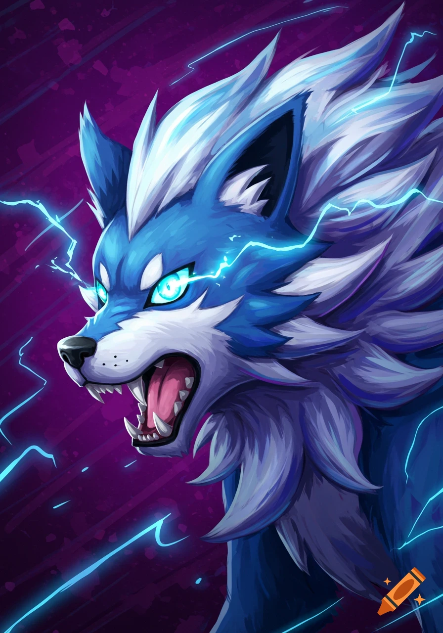 Stylized illustration of a blue and white electric wolf with glowing eyes