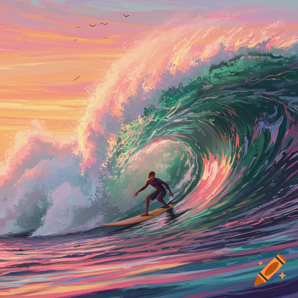 A person surfs a large, colorful wave at sunset in a painted style.