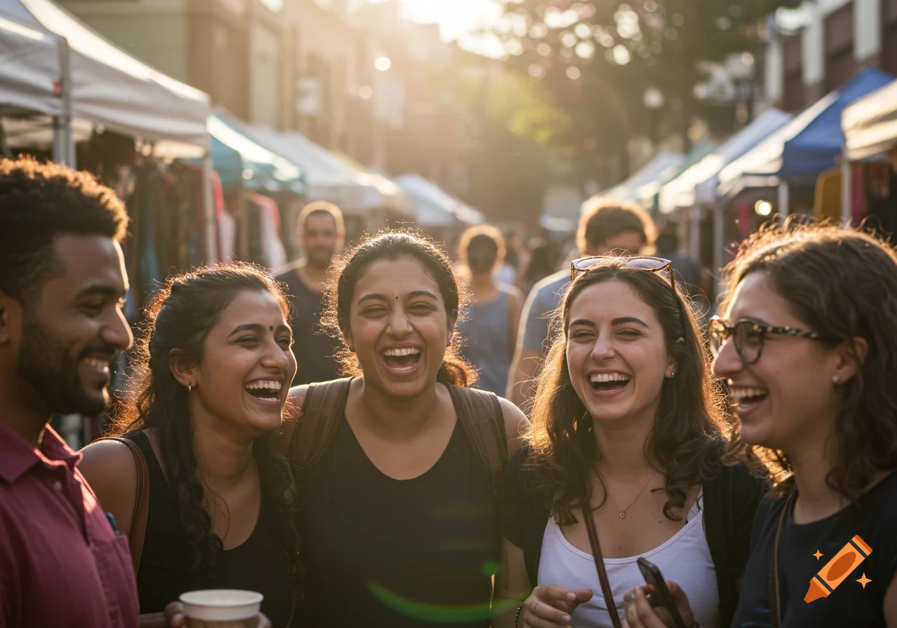 A group of diverse people laughing together outdoors at a market in a photorealistic style.