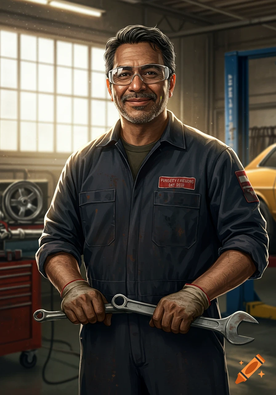 Portrait of a smiling mechanic in a dark blue uniform and safety glasses holding a wrench in a garage, photorealistic.