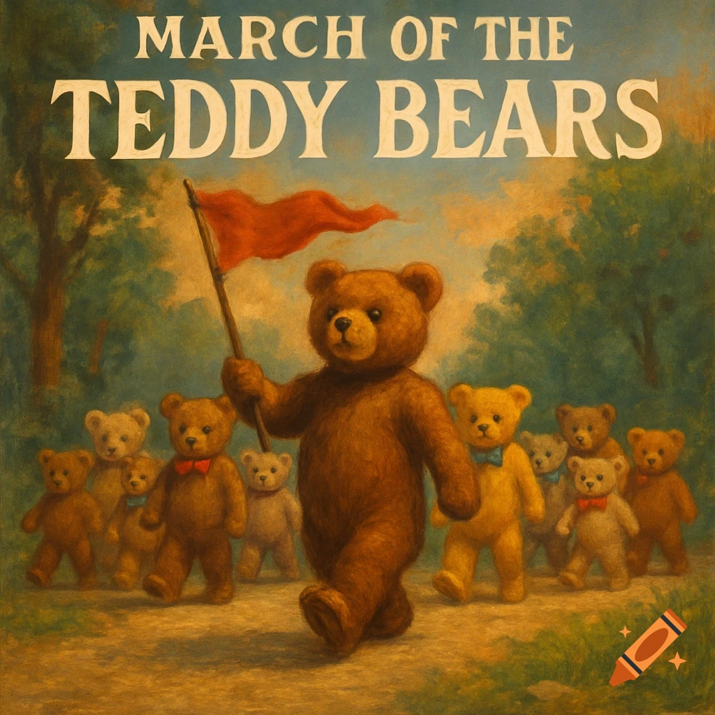Painterly illustration of teddy bears marching under title 'March of the Teddy Bears'.