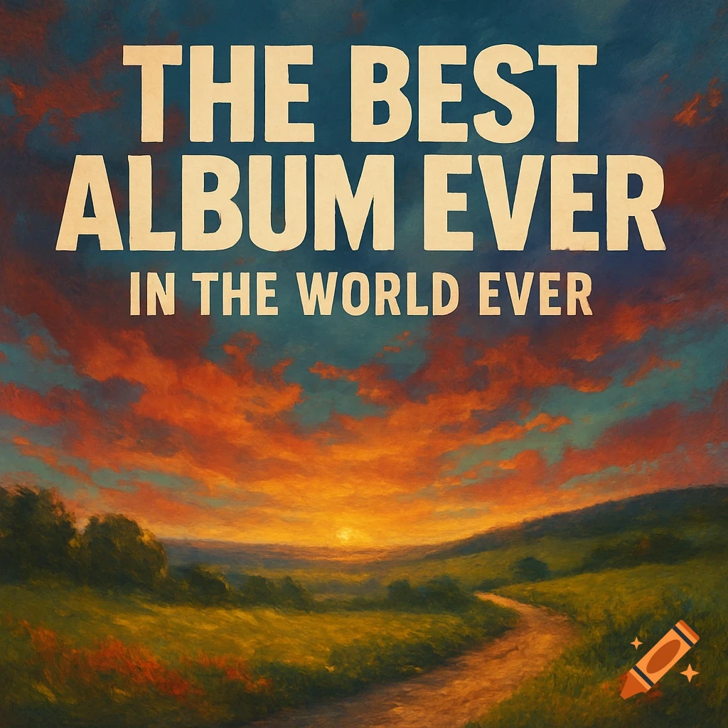 Painted landscape at sunset with hills, a path, and text saying 'THE BEST ALBUM EVER IN THE WORLD EVER'.