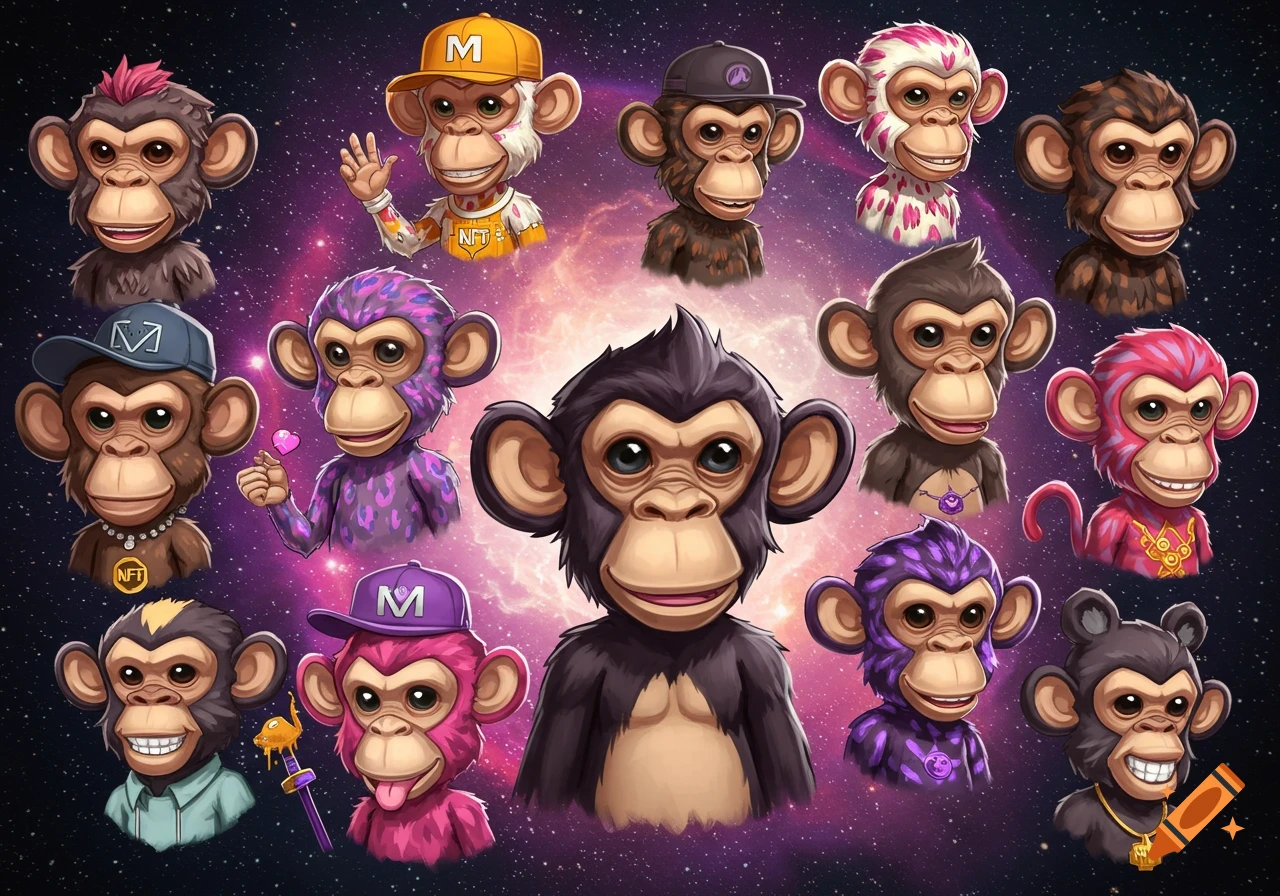 A collection of stylized monkey NFT avatars in space.