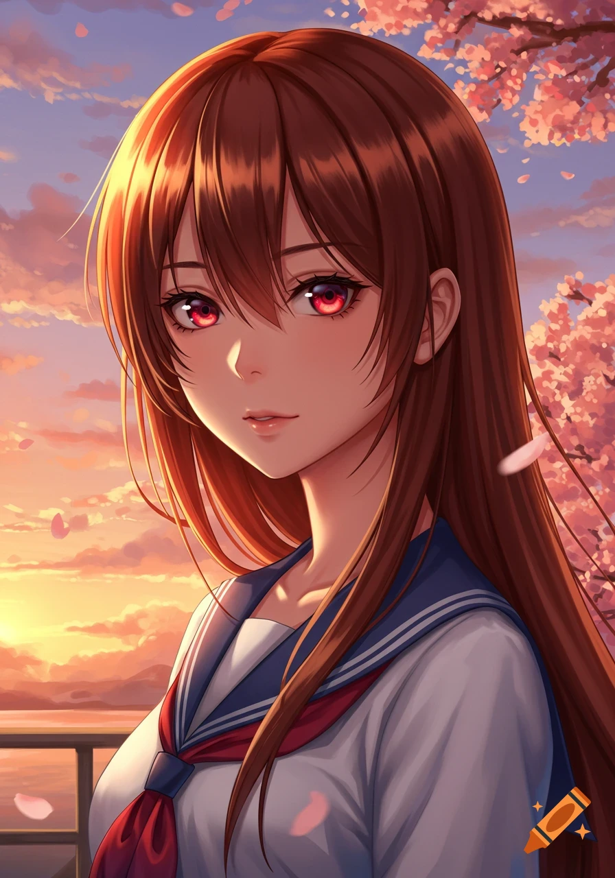 Anime portrait of a girl with red eyes and auburn hair in a school uniform under cherry blossoms at sunset.