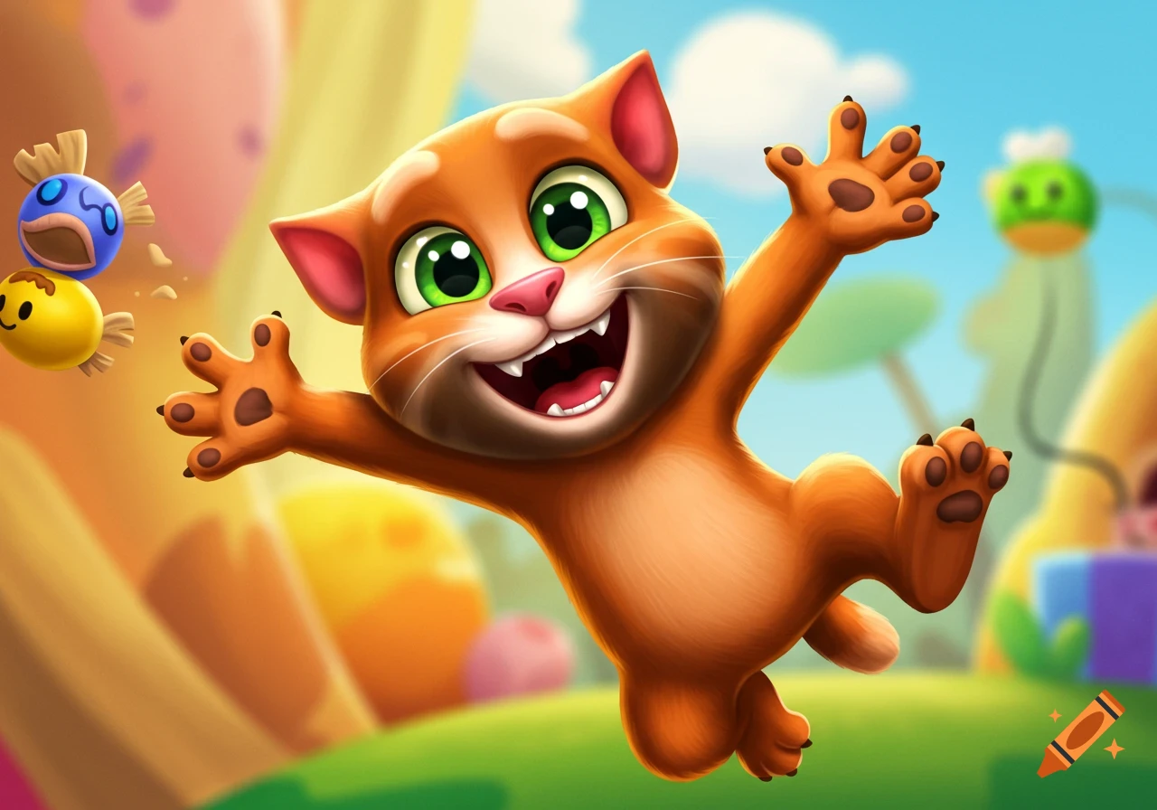 An excited cartoon cat leaps in the air.