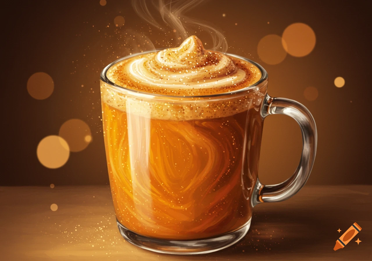 Pumpkin spice latte in a glass mug with whipped cream, glitter, and bokeh effect.