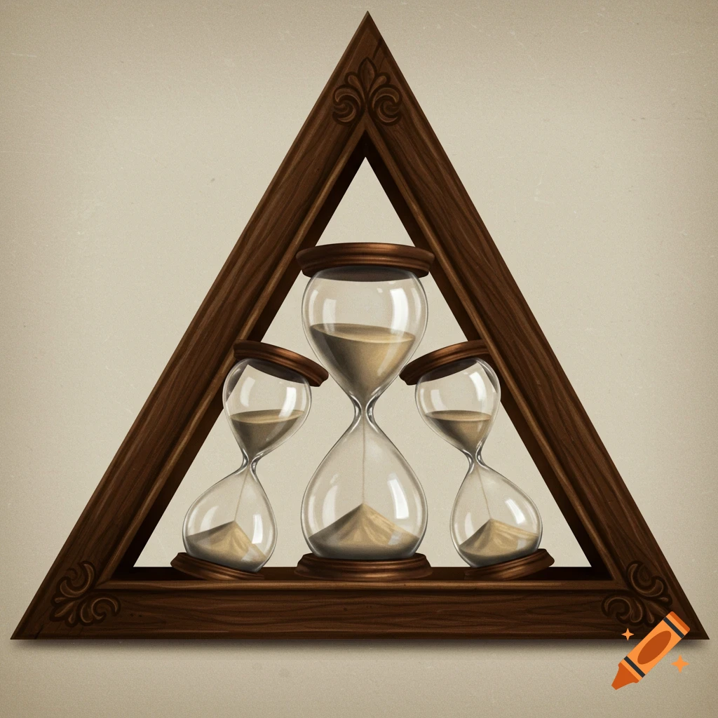 Illustration of three hourglasses in a triangular wooden frame.