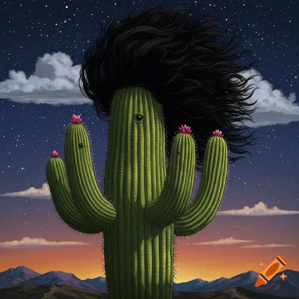 Illustration of a saguaro cactus with black hair and eyes in a desert at sunset under a starry sky