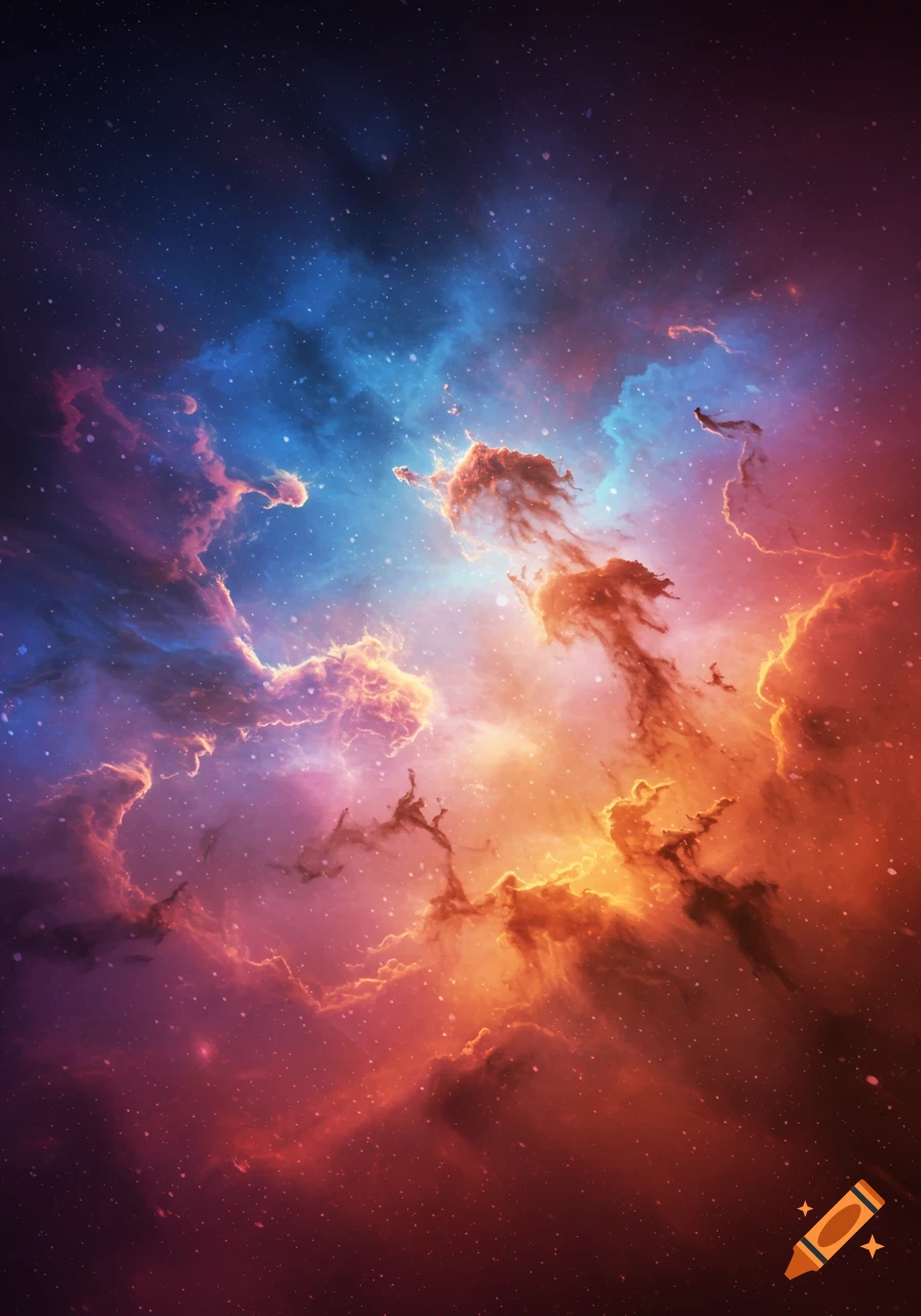 A vibrant nebula in space with red, orange, blue, and purple gas and clouds.