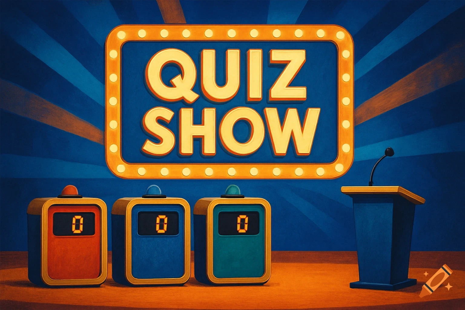 Illustration of a quiz show stage with a large sign reading "QUIZ SHOW", three contestant buzzers showing 0, and a podium.