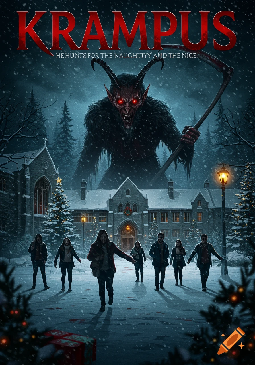 Movie poster for Krampus, featuring the creature towering over people in front of a building during a snowy Christmas night.