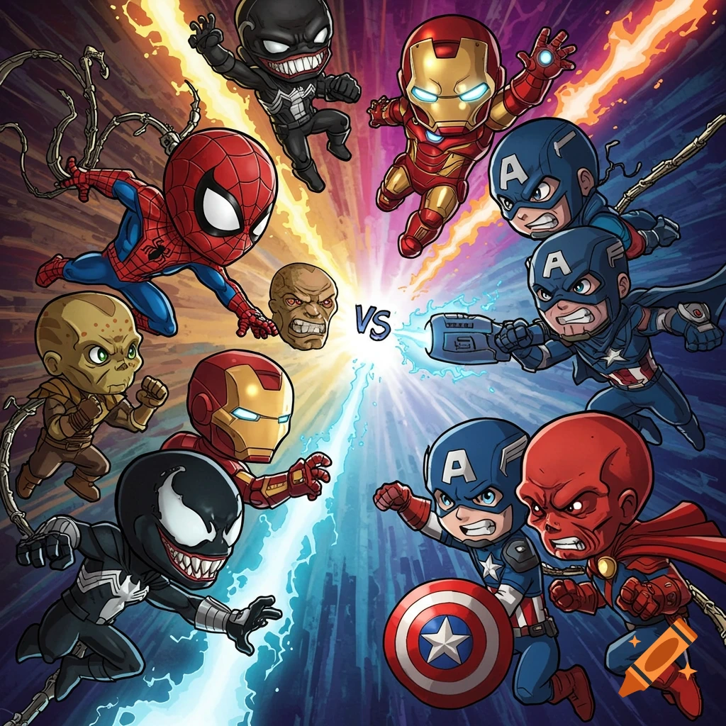 Chibi Marvel heroes battle villains around 'VS' text in a colorful comic style.