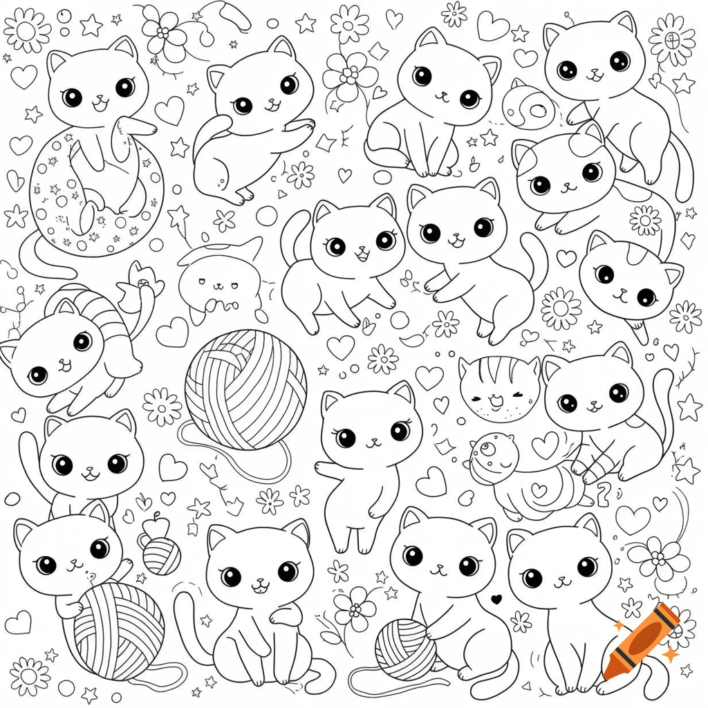 Black and white coloring page featuring numerous cute kawaii cats, yarn, flowers, and hearts.