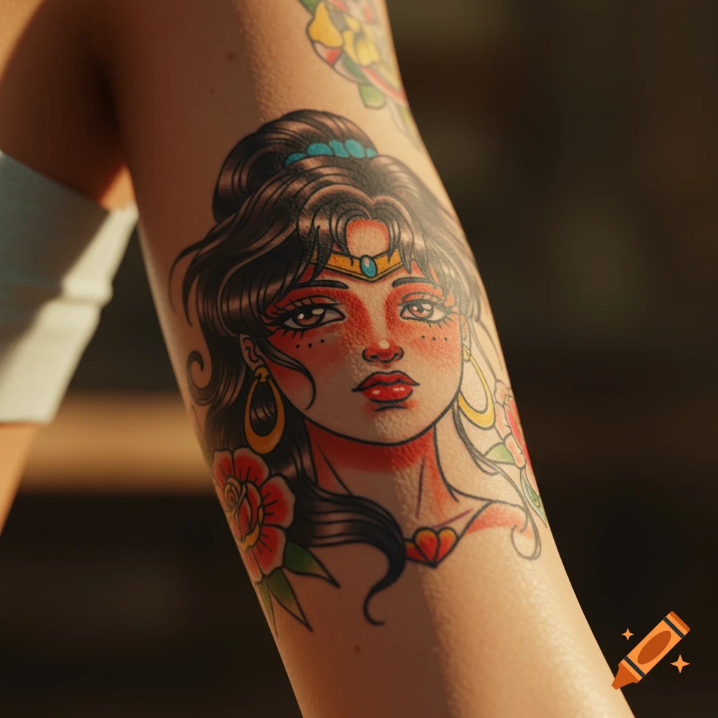 Detailed tattoo on an arm depicting a woman's head in traditional tattoo style with floral elements.