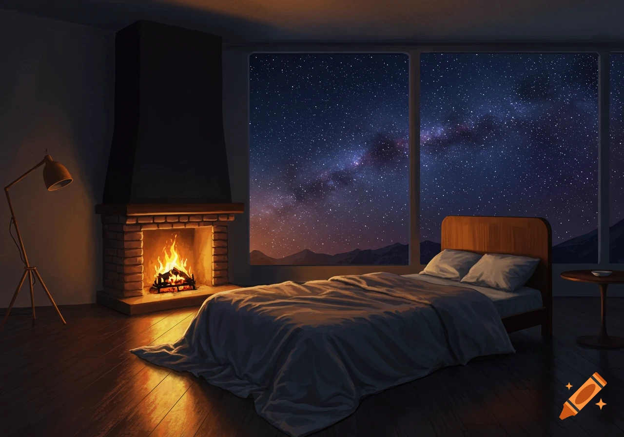 Bedroom with fireplace and large window view of starry night sky