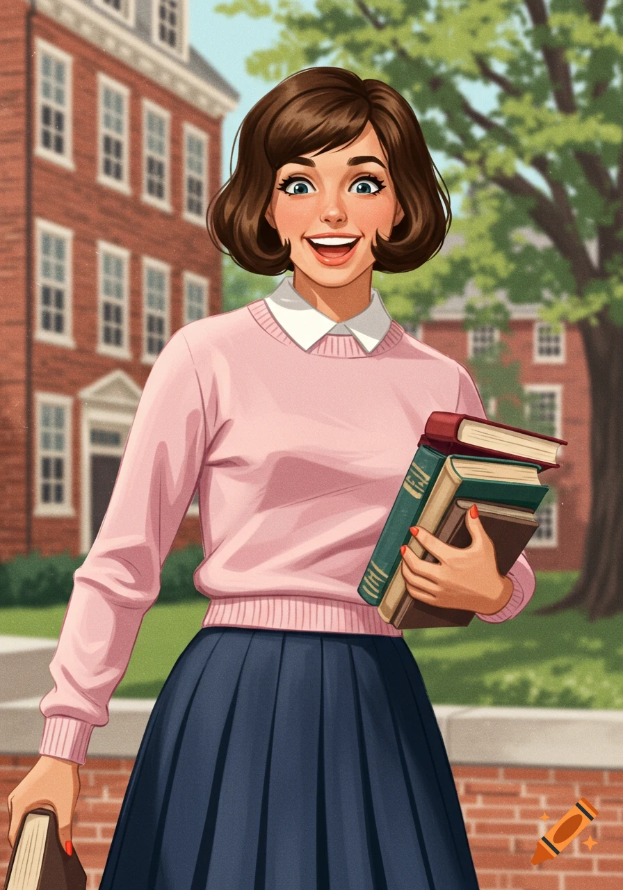 A young woman in 1960s preppy style holds books on a college campus. Illustrated.