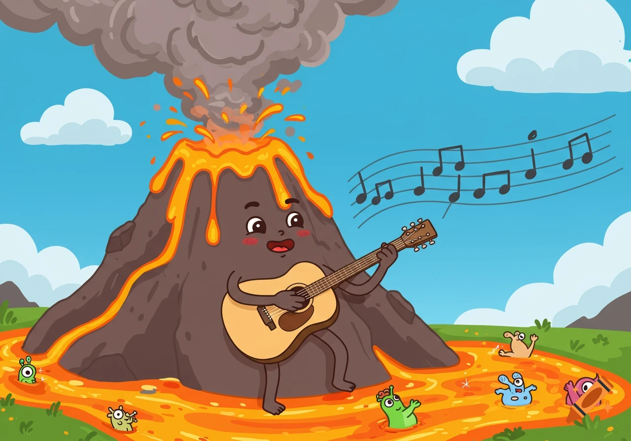 Cartoon volcano plays guitar while erupting, surrounded by lava and little monsters, with musical notes in the sky.