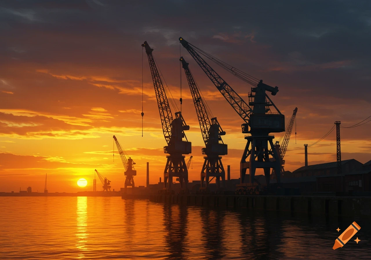 Silhouettes of large port cranes on a dock at sunset with reflections in the water.