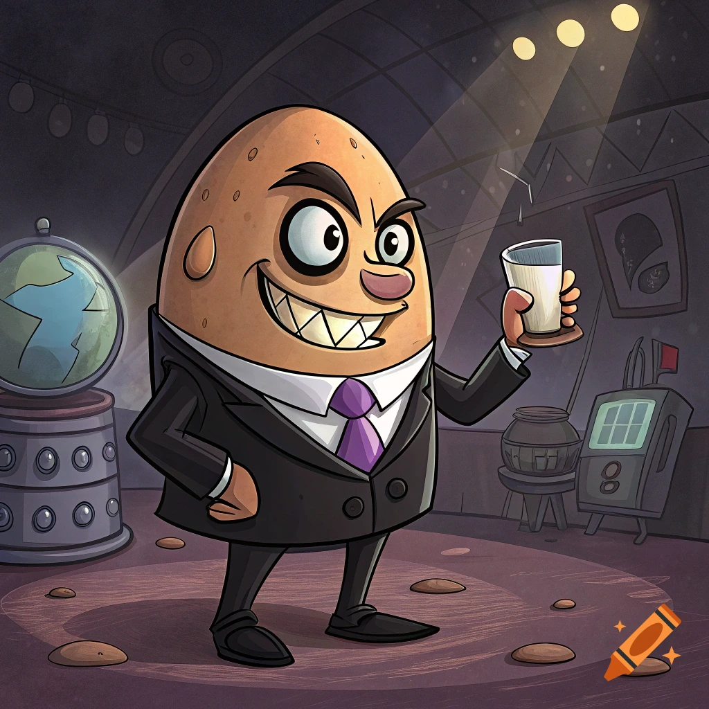 Evil cartoon potato character in a suit holding a glass of milk, grinning in a dimly lit room.